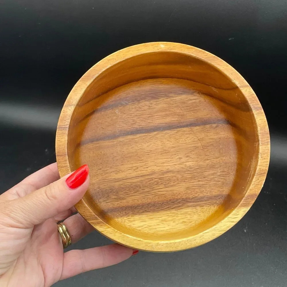 Vintage Hand Turned Solid Acacia Wood Salad Serving Bowl Mid Century Modern